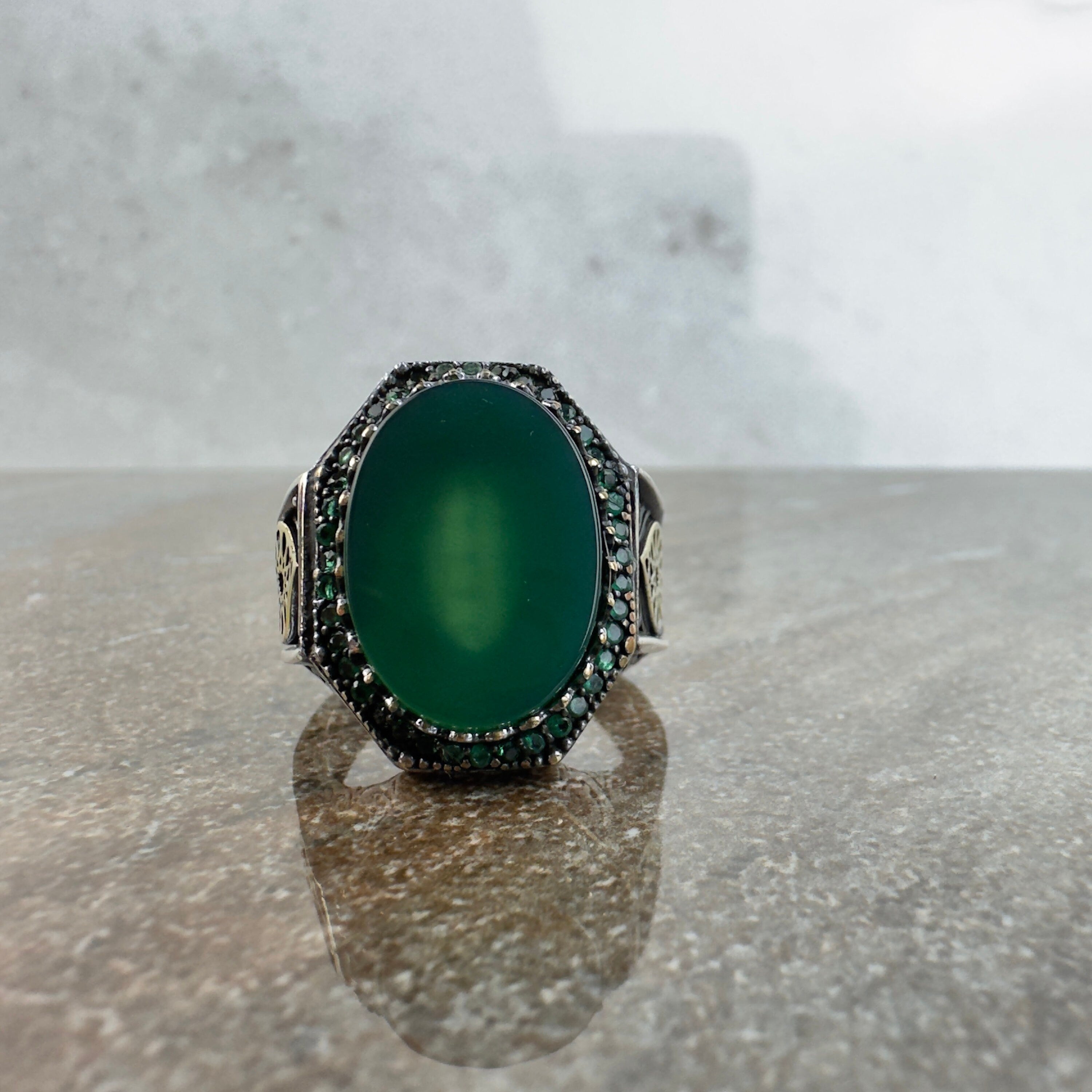 Sterling Silver Ring: Green Agate Stone - Handmade Ottoman Design