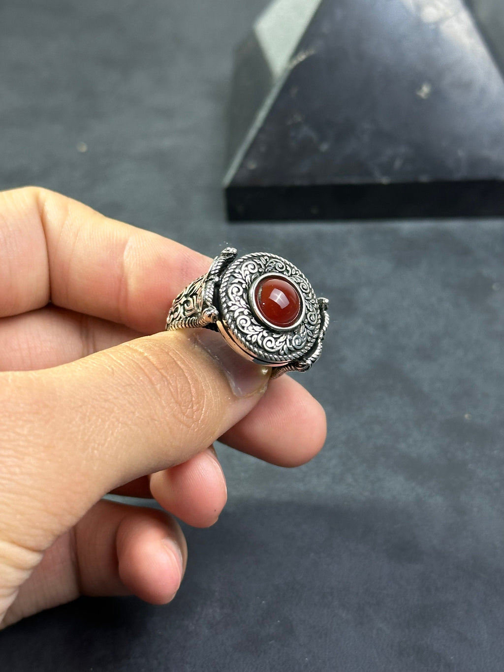 Engraved Sterling Silver Ring: Red Agate Gemstone (Men's Handmade)