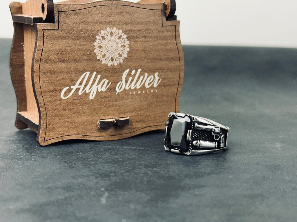 Men's Sterling Silver Bullet Ring, Revolver Engraving (Bold Statement)