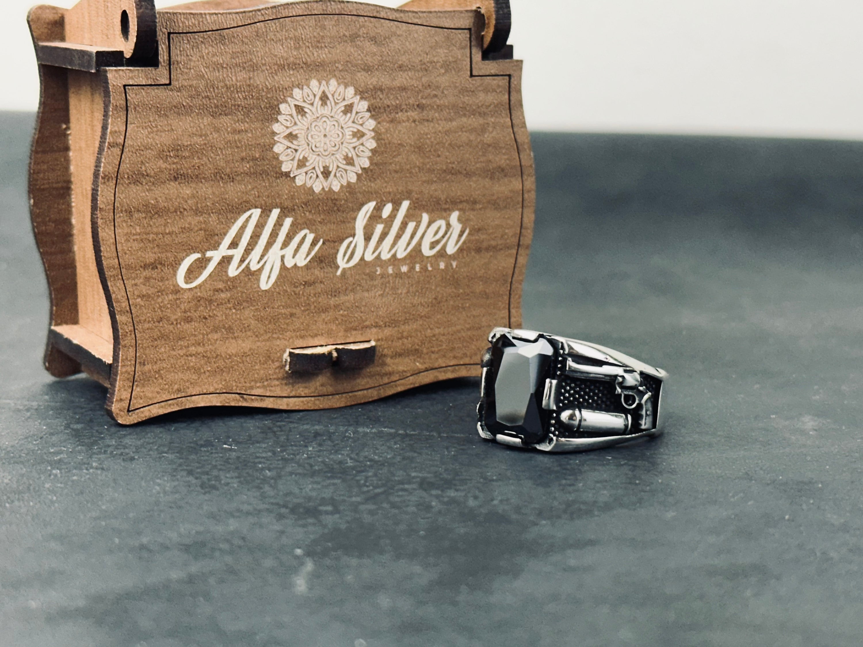 Men's Sterling Silver Bullet Ring, Revolver Engraving (Bold Statement)