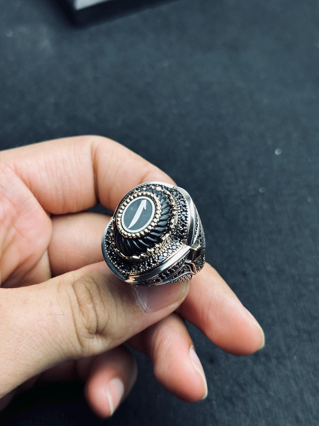 Elif Vav Signet Ring - Oval Onyx, Arabic Calligraphy