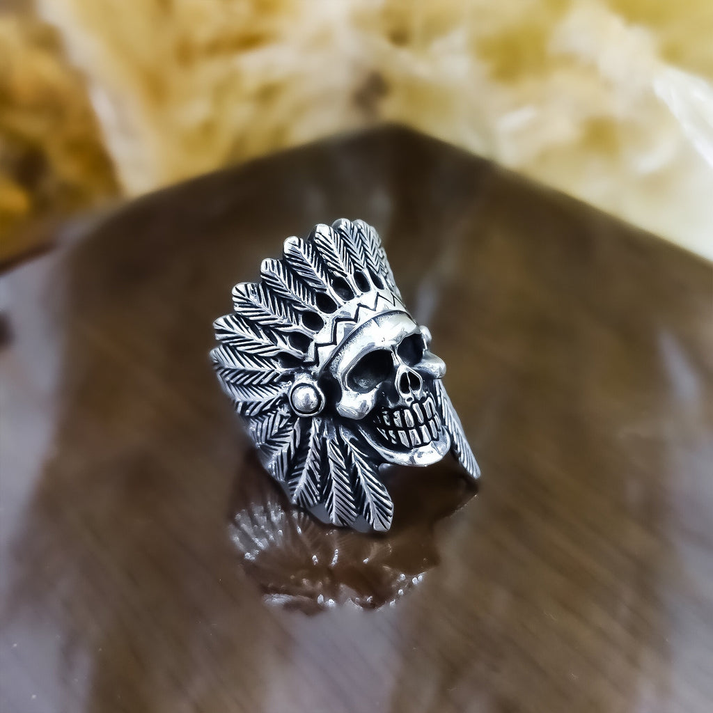 Indian Chief Skull Ring - Sterling Silver Men's Statement Jewelry