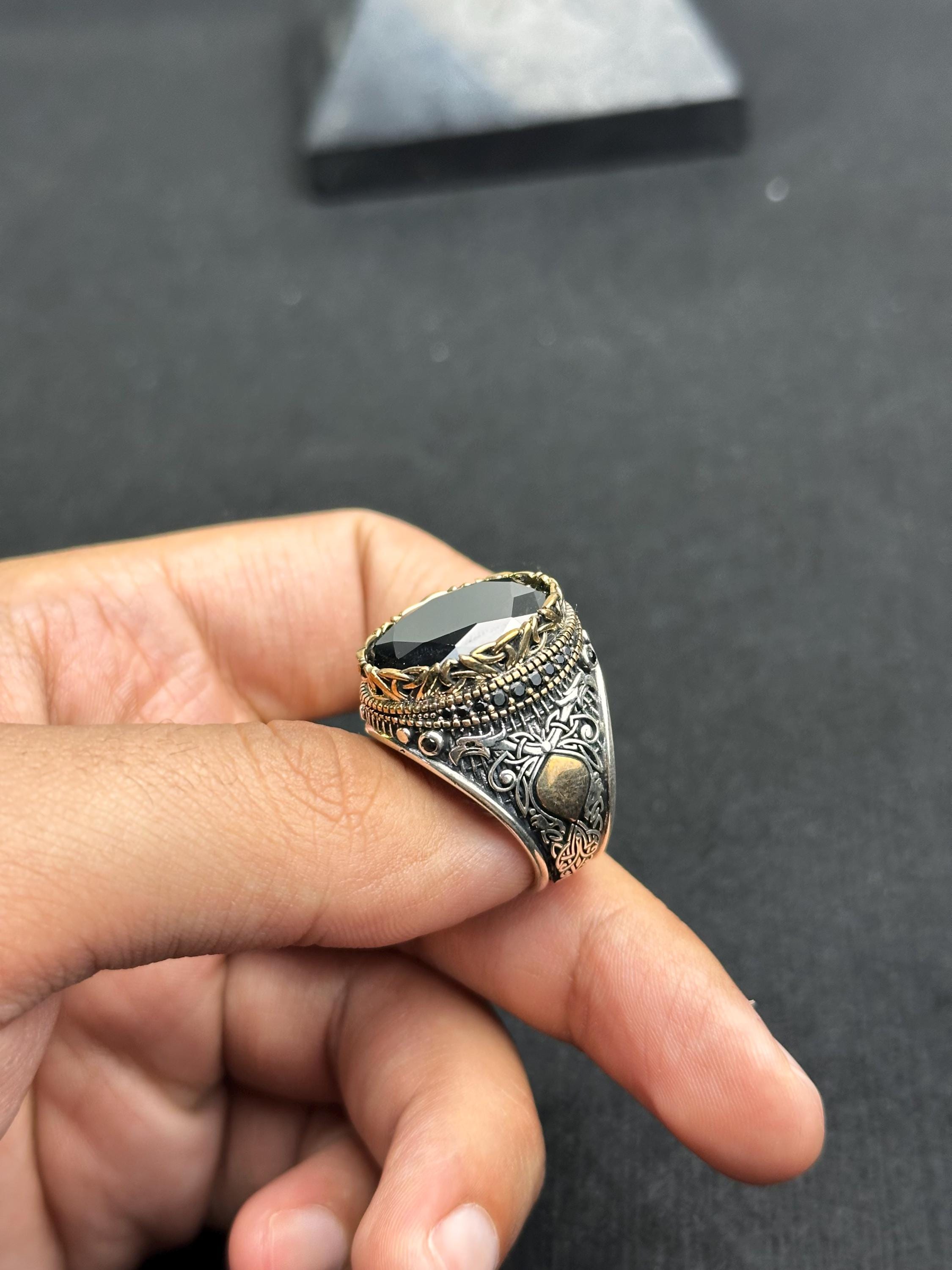 Men's Black Zircon Ring, Sterling Silver Oval (Handmade, Engraved)