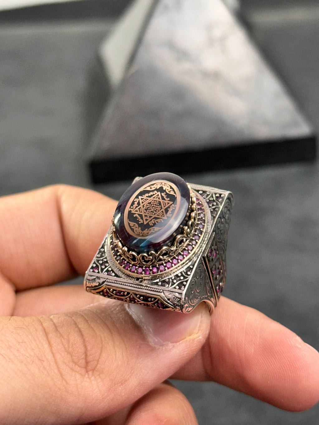 Solomon Seal Ring: Large Amber Stone - Sterling Silver Men’s Jewelry