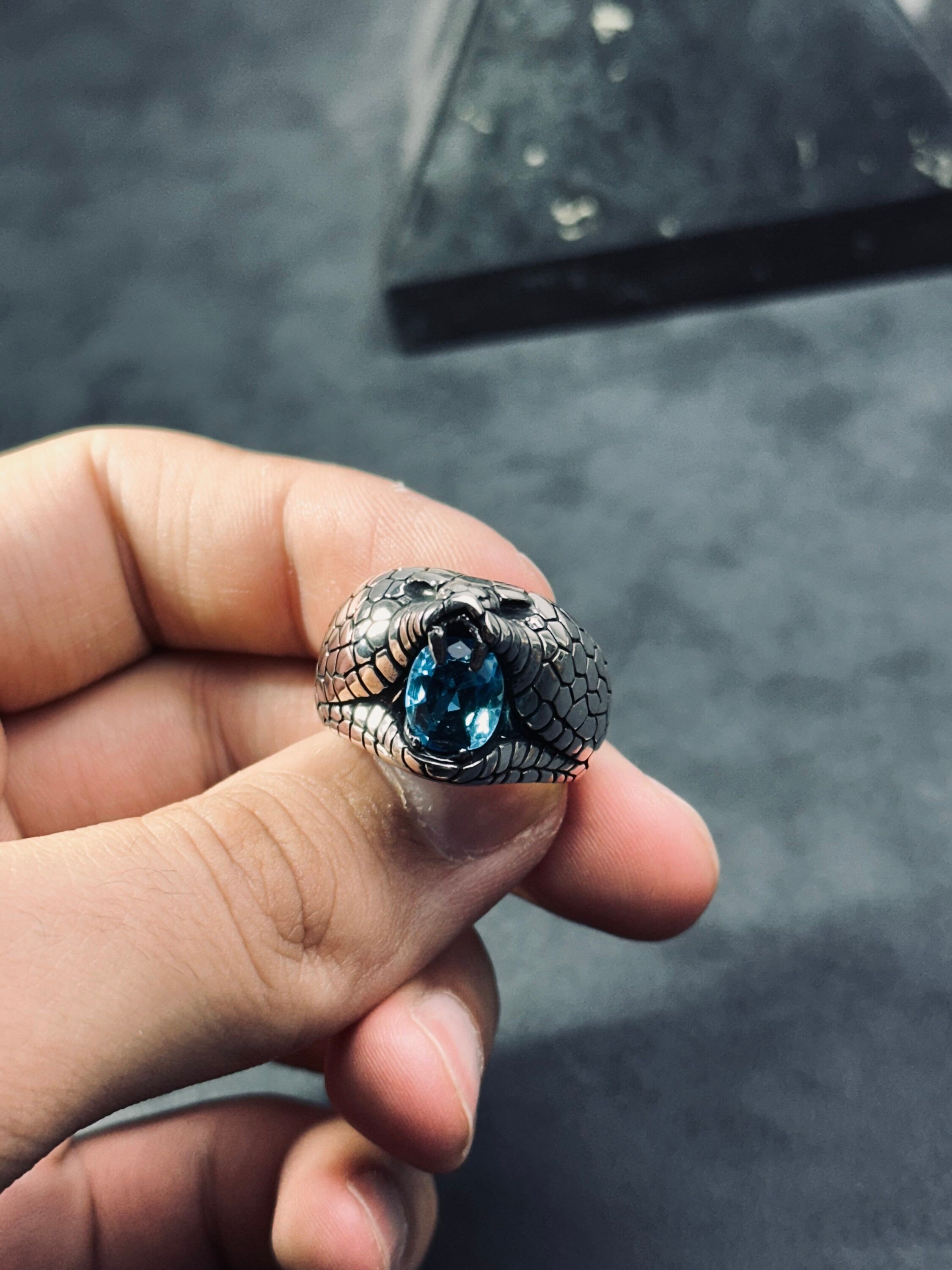 Snake Ring: Sterling Silver with Blue CZ Stone (Engraved Style)