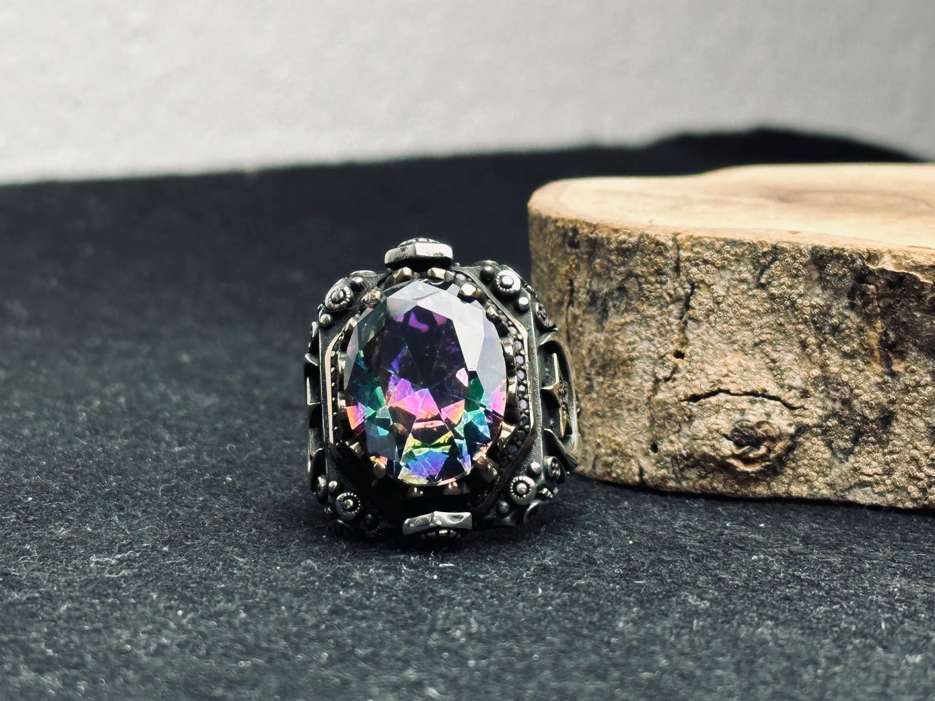 Mystic Topaz Ring: Men's Turkish Sterling Silver (Ottoman Design)