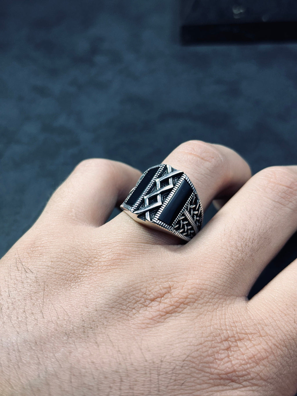 Onyx Ring: Minimalist Sterling Silver (Engraved, Handmade)