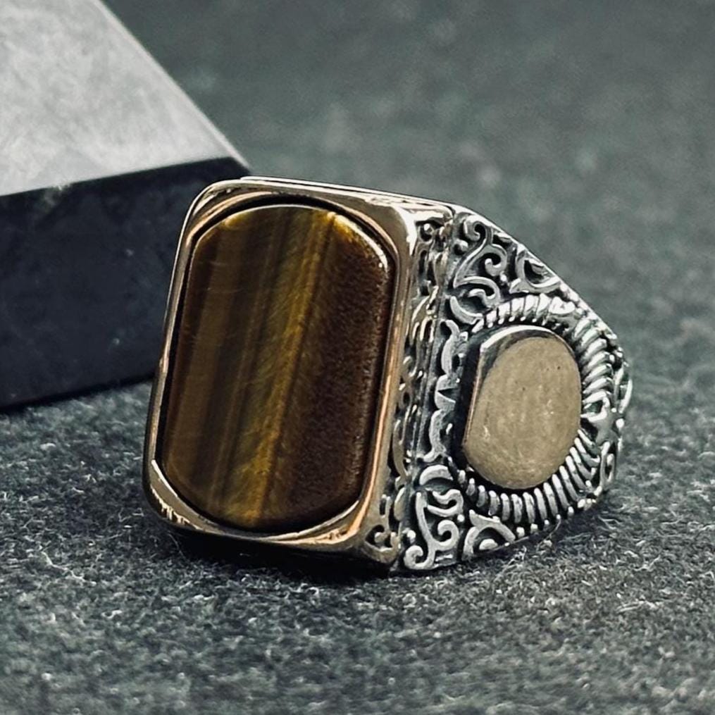 Sterling Silver Men's Ring: Square Tiger Eye Gemstone