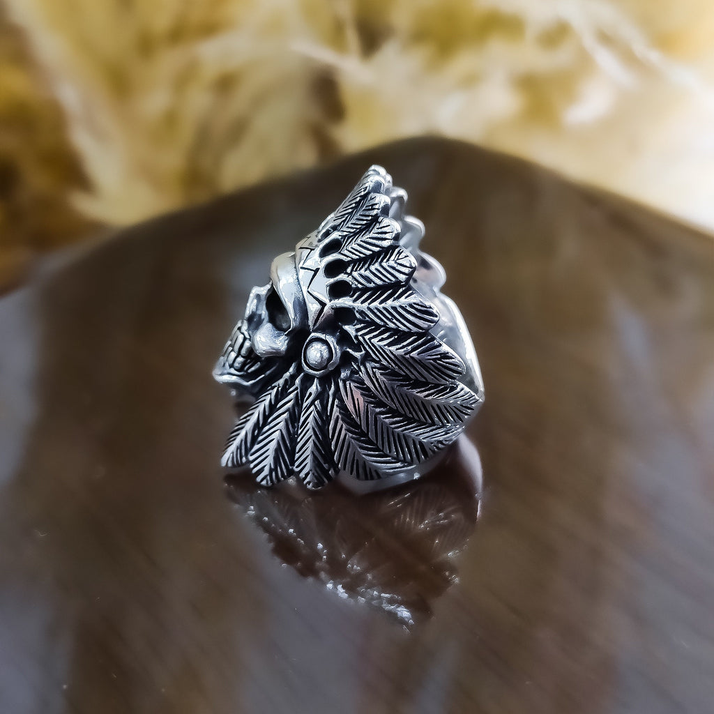 Indian Chief Skull Ring - Sterling Silver Men's Statement Jewelry