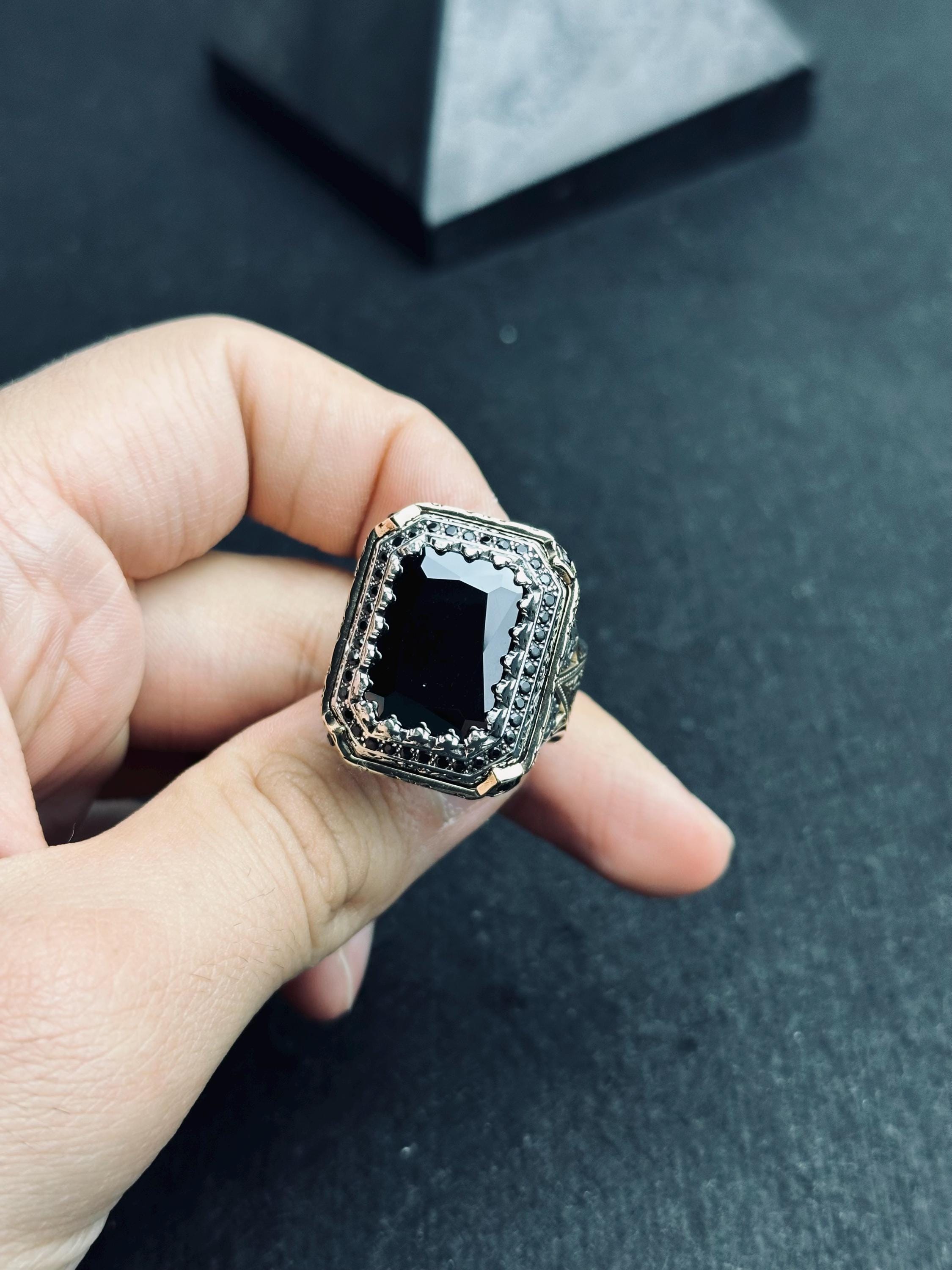 Square Black Zircon Men's Ring - Handmade Sterling Silver Vintage Look