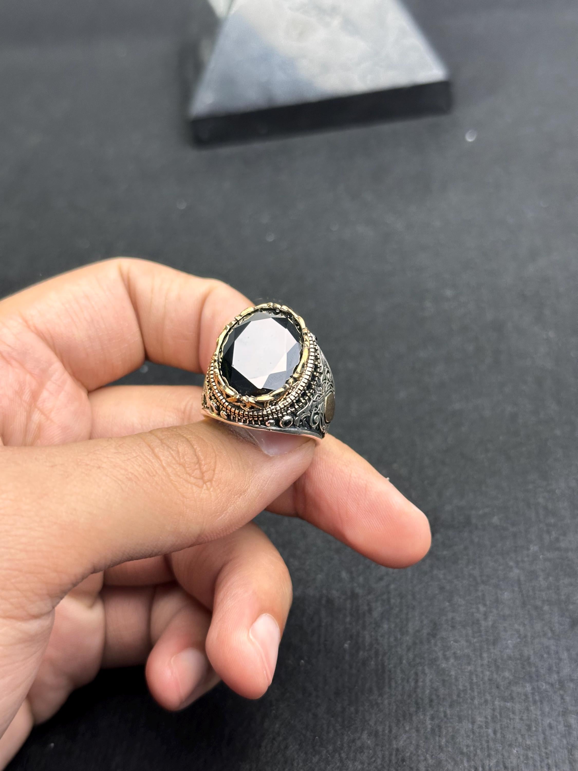 Men's Black Zircon Ring, Sterling Silver Oval (Handmade, Engraved)