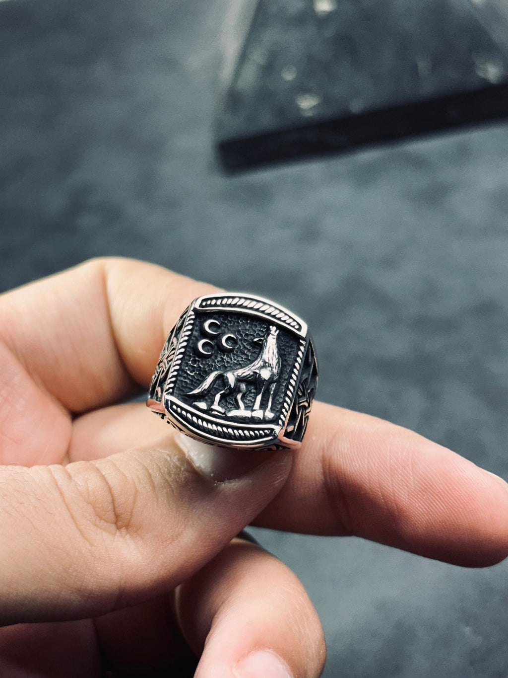 Wolf and Moon Ring: Sterling Silver Handmade - Celestial Detail