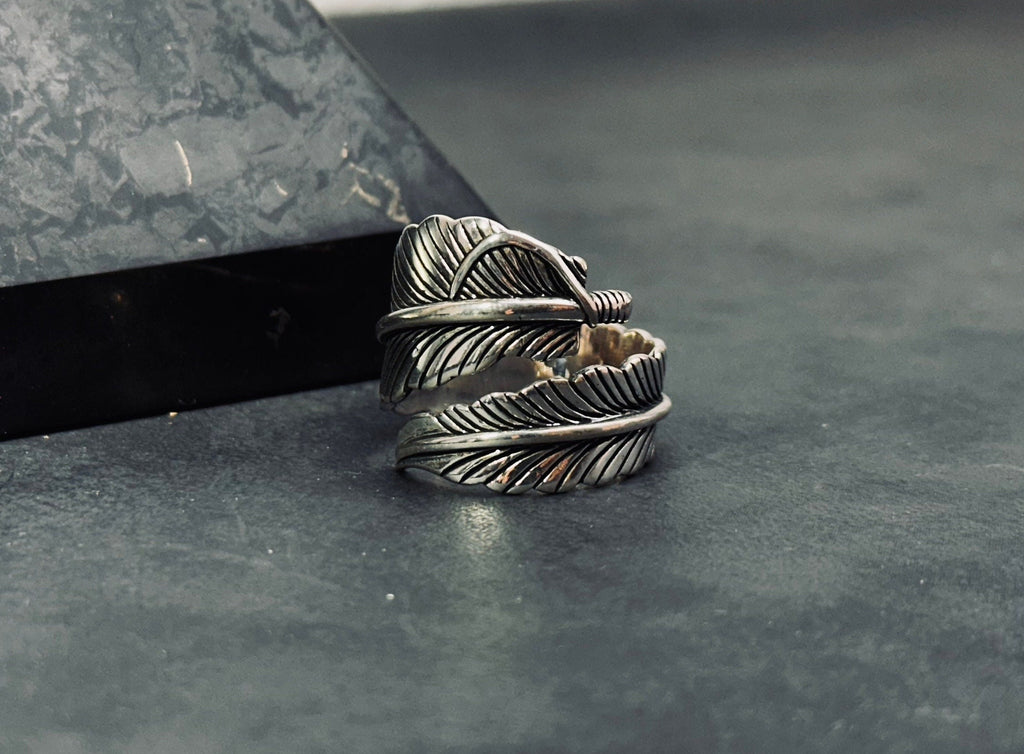 Feather Ring: Sterling Silver Adjustable Design (Engraved, Handmade)