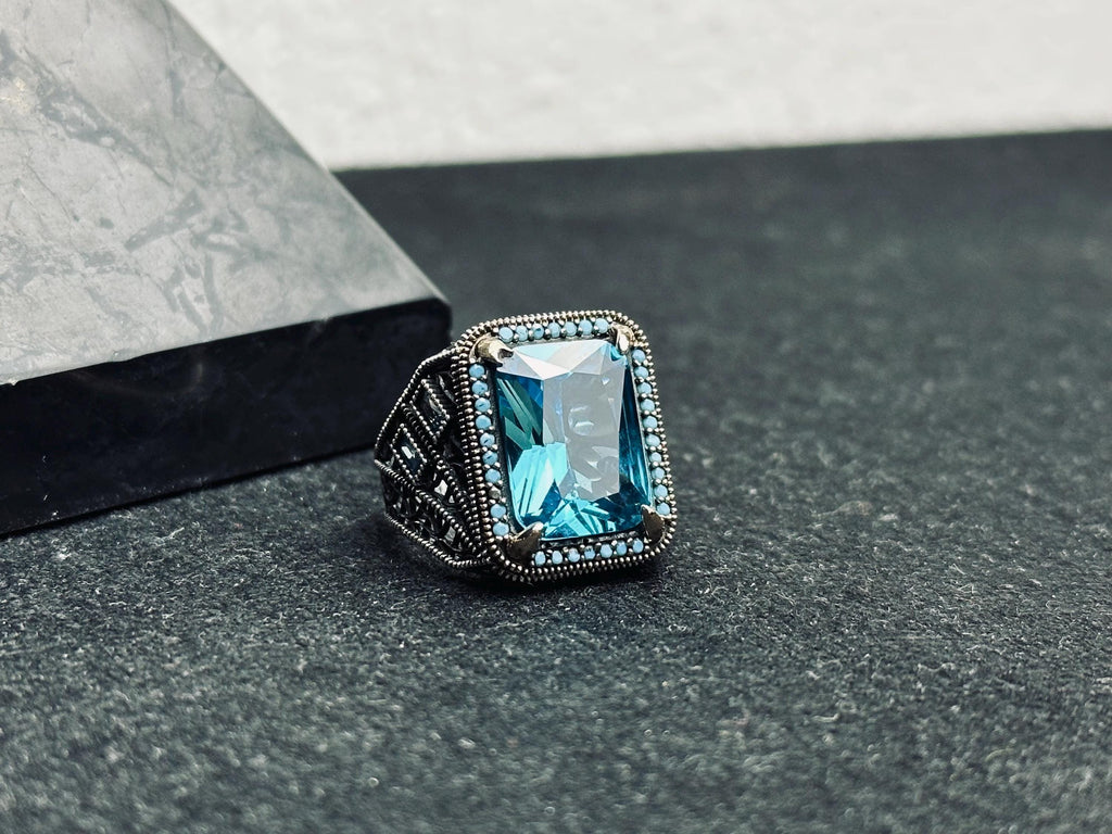 Men's Sterling Silver Aquamarine Ring, Dainty Blue Gemstone (March Birthstone)
