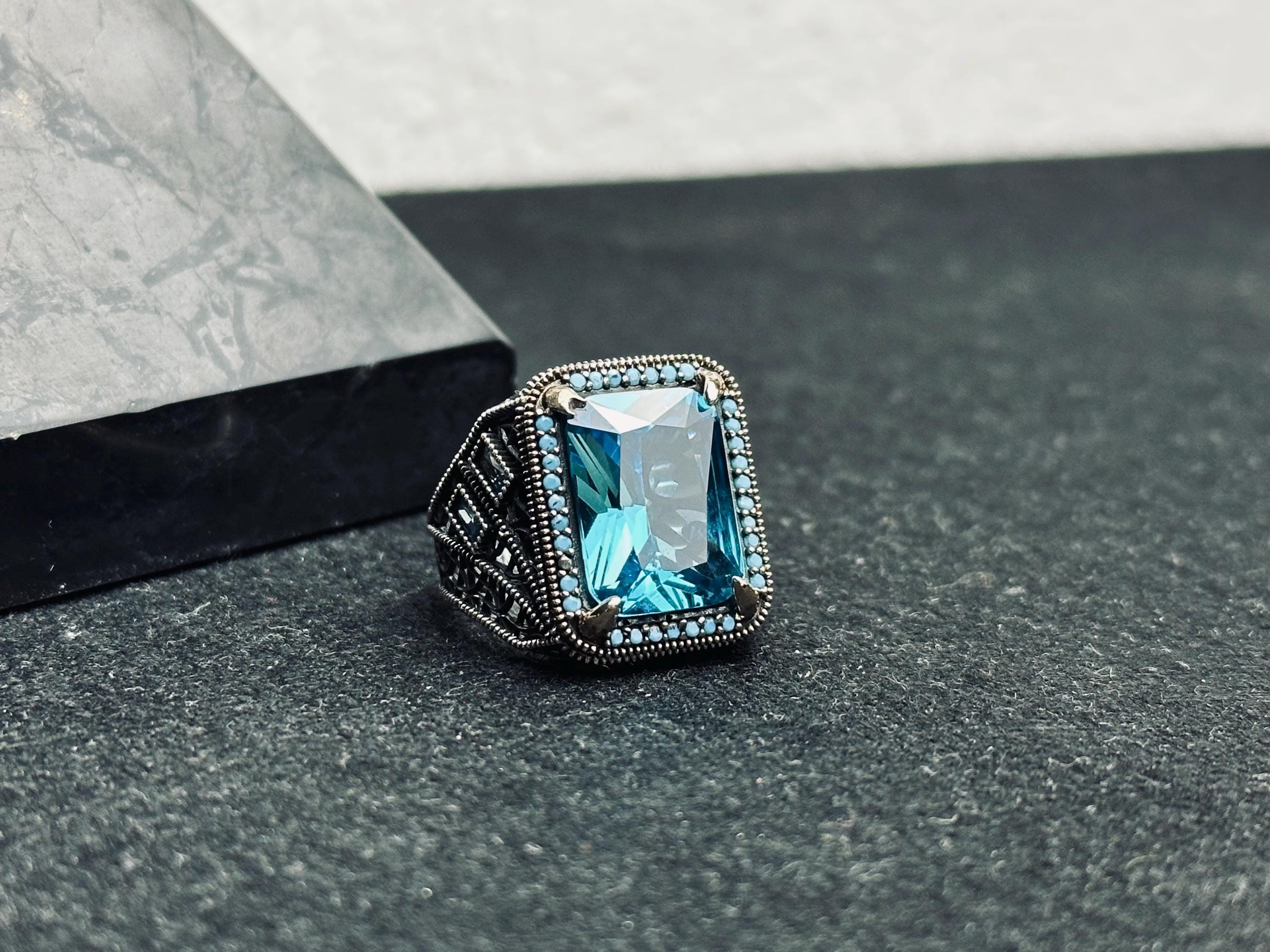 Men's Sterling Silver Aquamarine Ring, Dainty Blue Gemstone (March Birthstone)