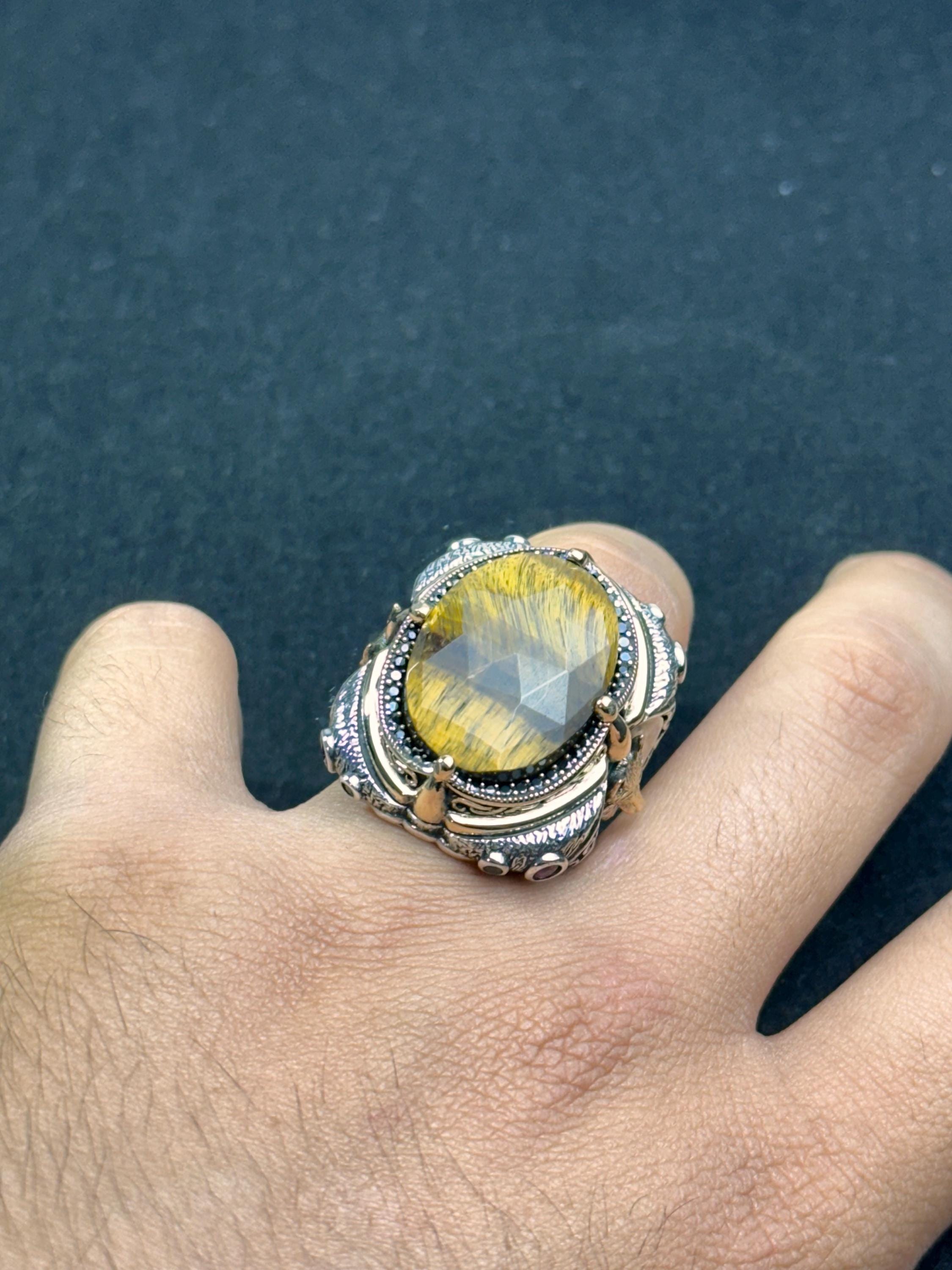 Men's Tiger's Eye Ring: Handmade Silver - Bold Gemstone Design