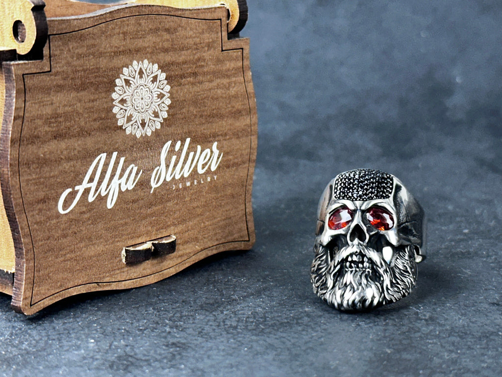 Sterling Silver Skull Ring - Gothic Design with Zircon Eyes