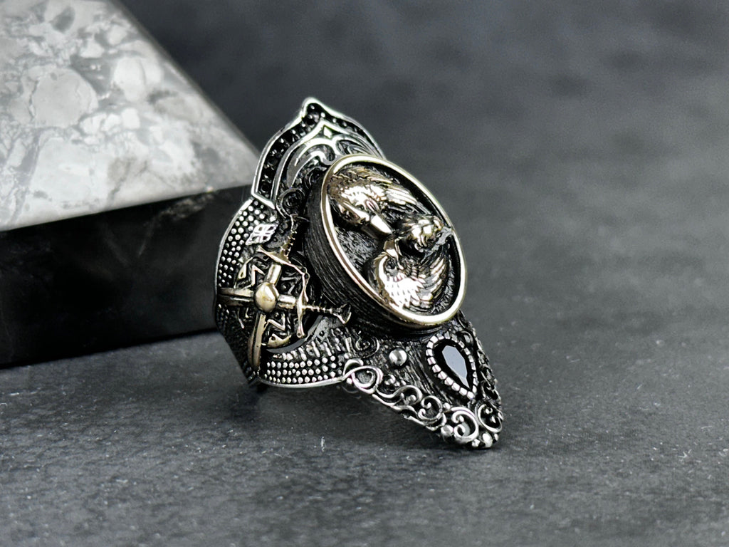 Zihgir Statement Ring: Twin Eagle Design (Adjustable Sterling Silver)