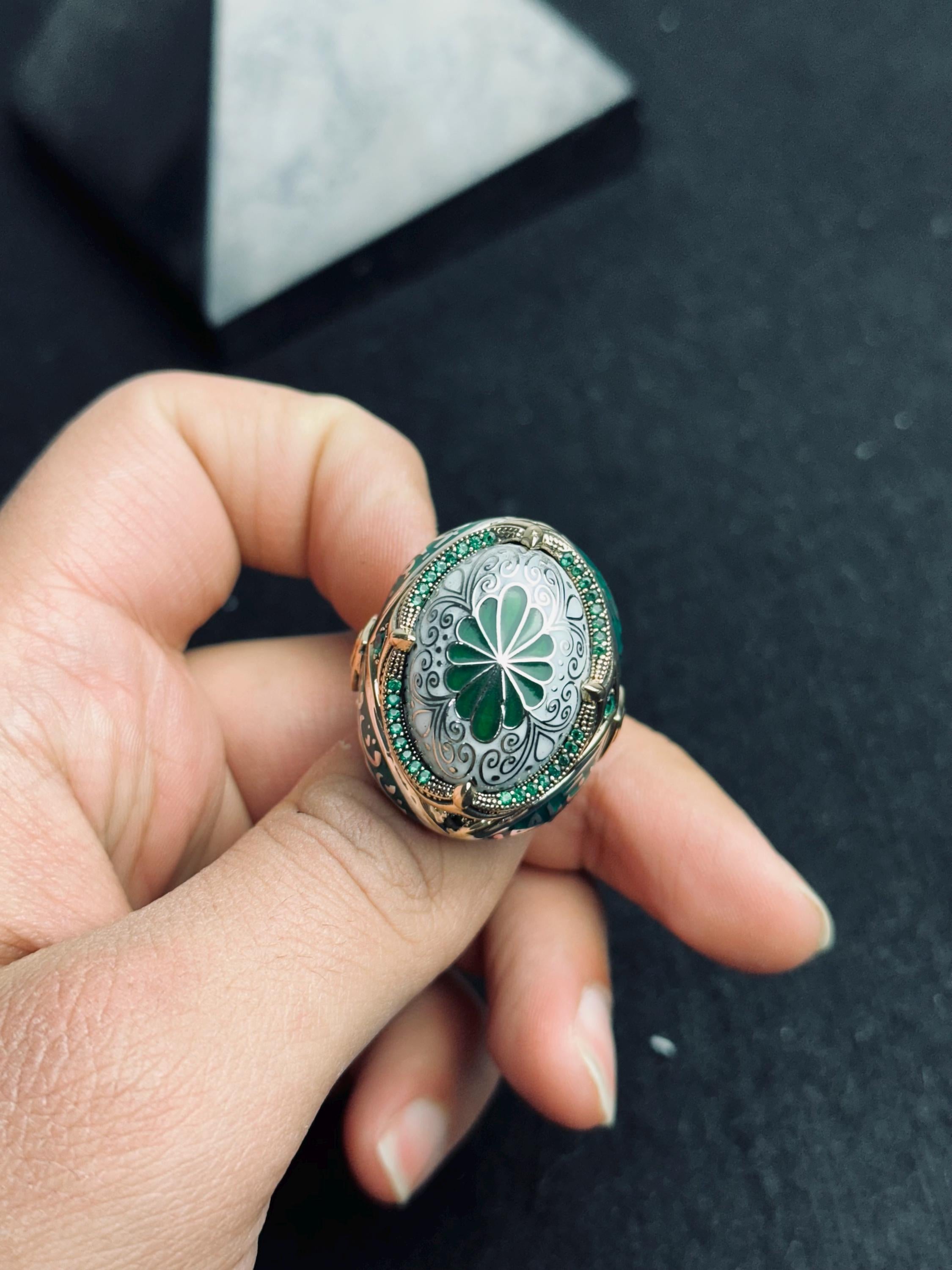 Green Enamel Islamic Ring, 925 Sterling Silver Ottoman Men's Ring