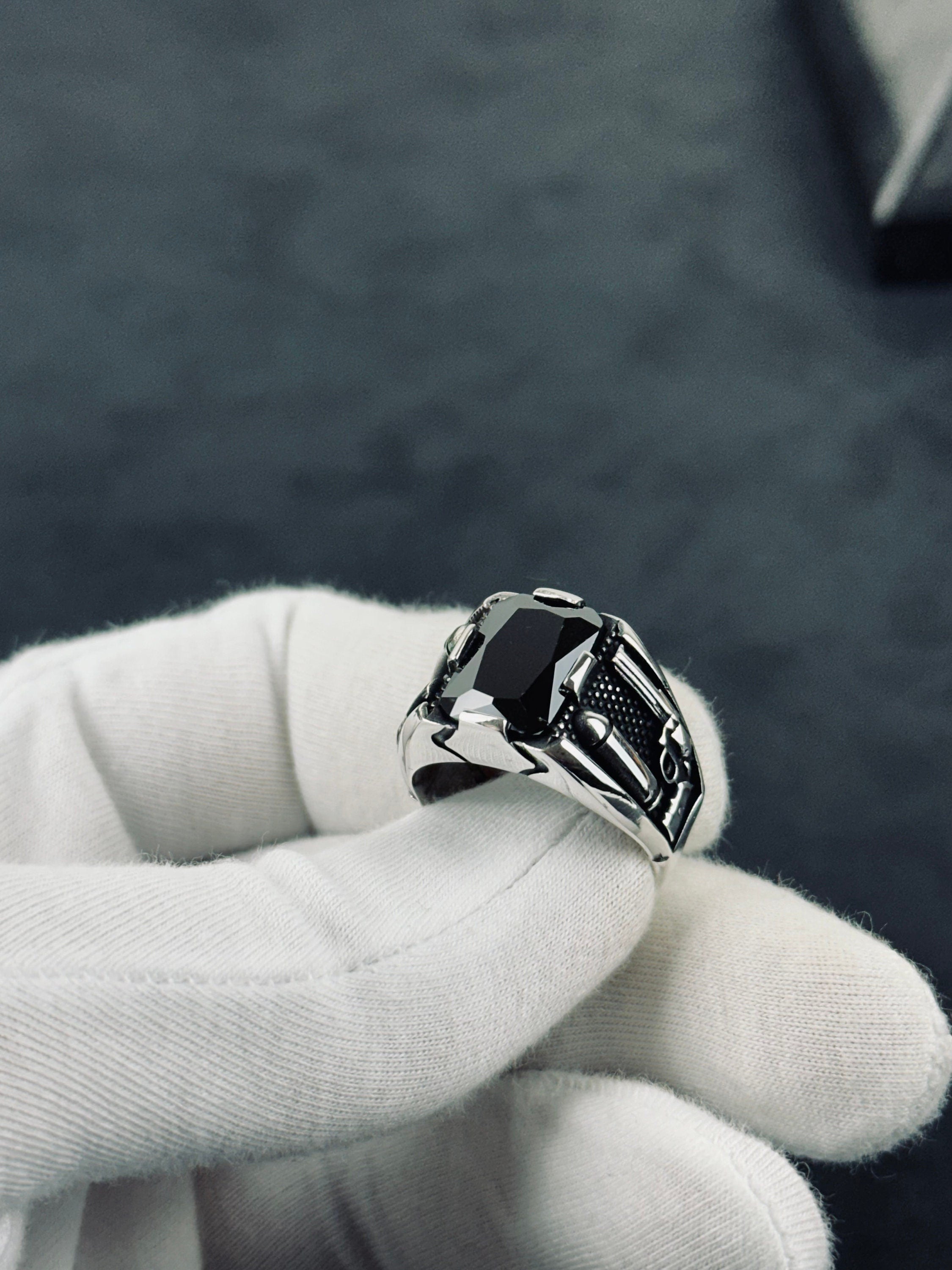 Men's Sterling Silver Bullet Ring, Revolver Engraving (Bold Statement)