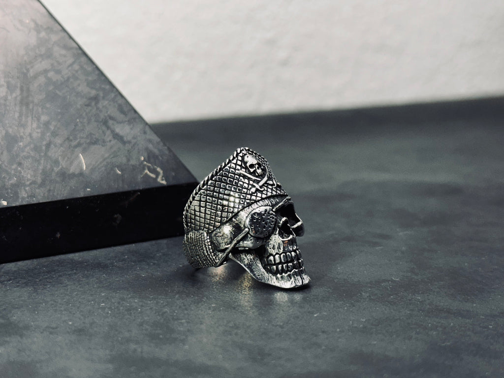 Sterling Silver Pirate Skull Ring: Gothic Biker Captain Design