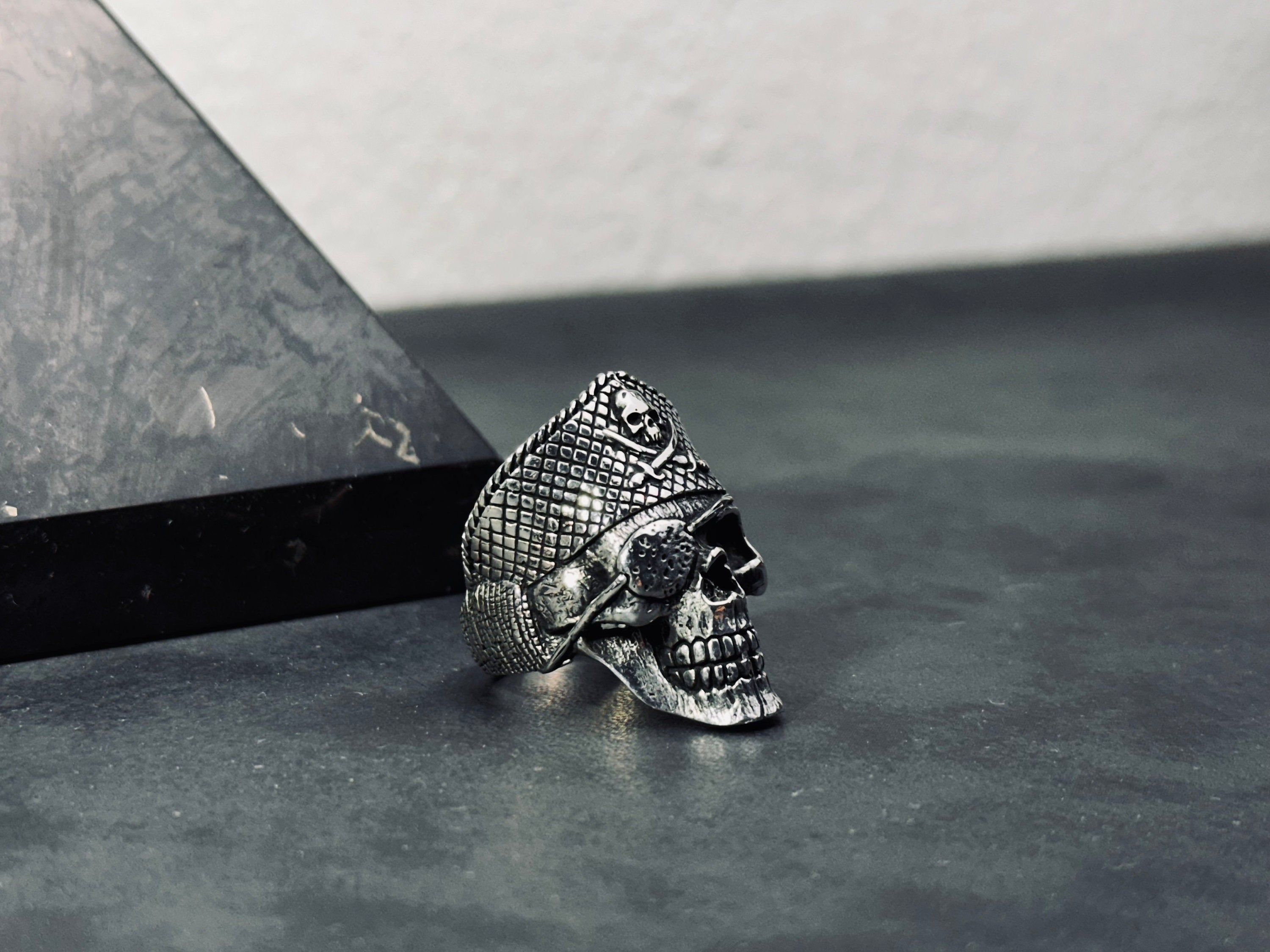 Sterling Silver Pirate Skull Ring: Gothic Biker Captain Design