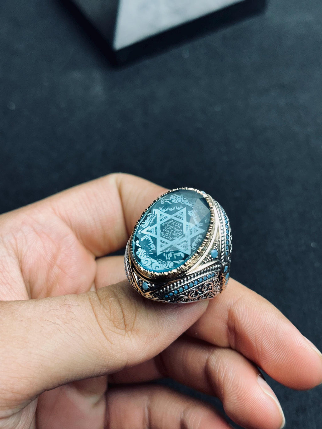 Aquamarine Silver Ring: Handmade Turkish Solomon Seal Design