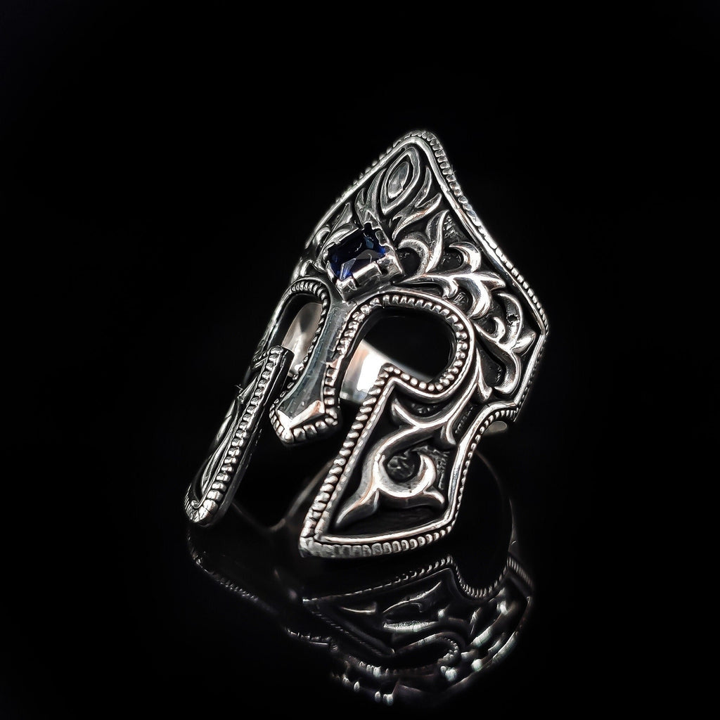 Spartan Helm Ring: Sterling Silver, Emerald Accent - Handmade