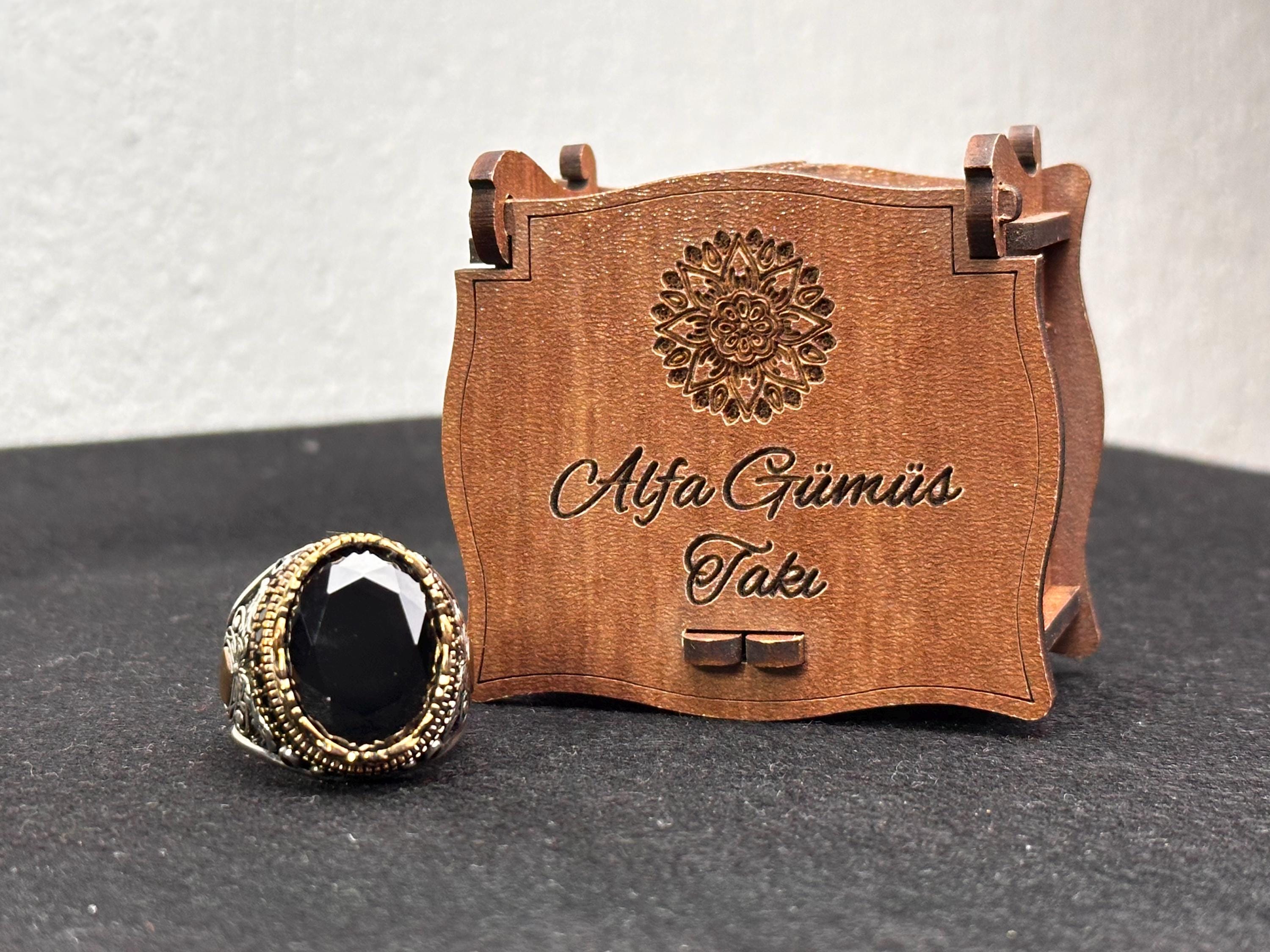 Men's Black Zircon Ring, Sterling Silver Oval (Handmade, Engraved)