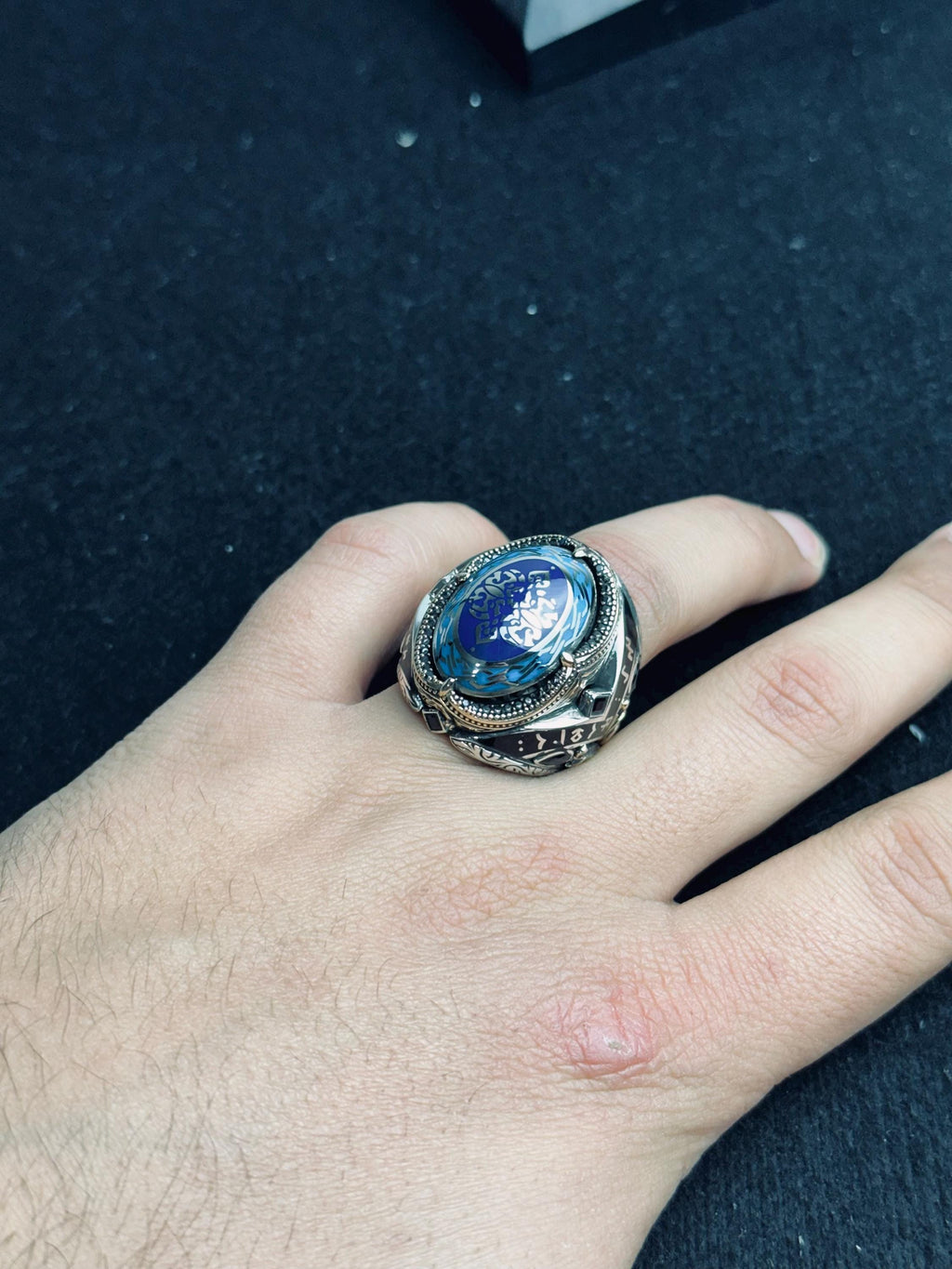 Sterling Silver Blue Stone Ottoman Ring, Islamic Calligraphy Men Ring, Turkish Handmade Jewelry, Ramadan Gift, Statement Signet Ring