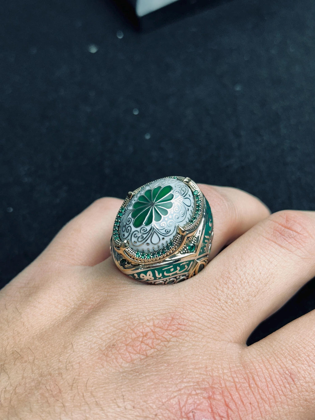 Green Enamel Islamic Ring, 925 Sterling Silver Ottoman Men's Ring