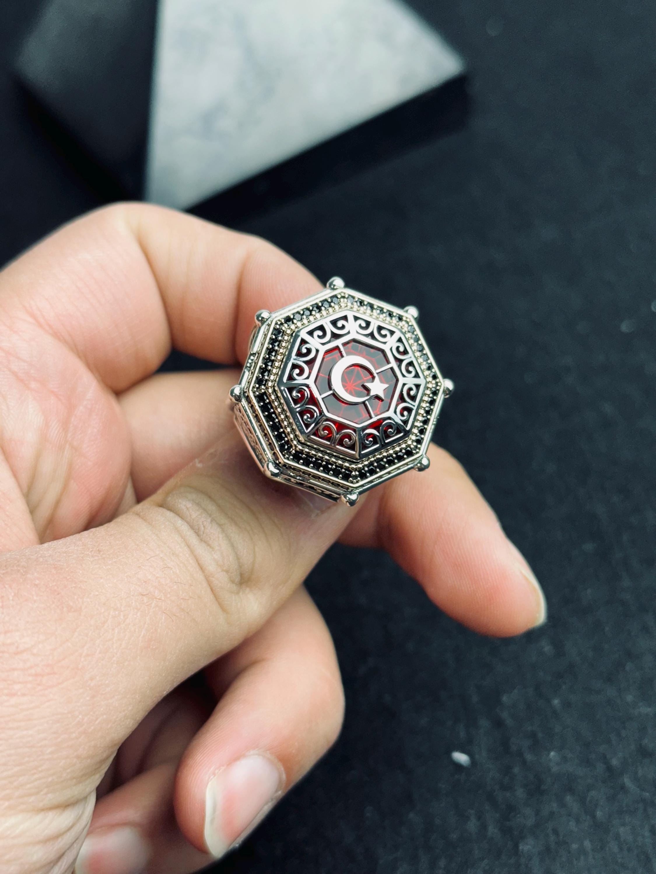 Red Stone Moon Star Ring, 925 Sterling Silver, Turkish Handmade Jewelry