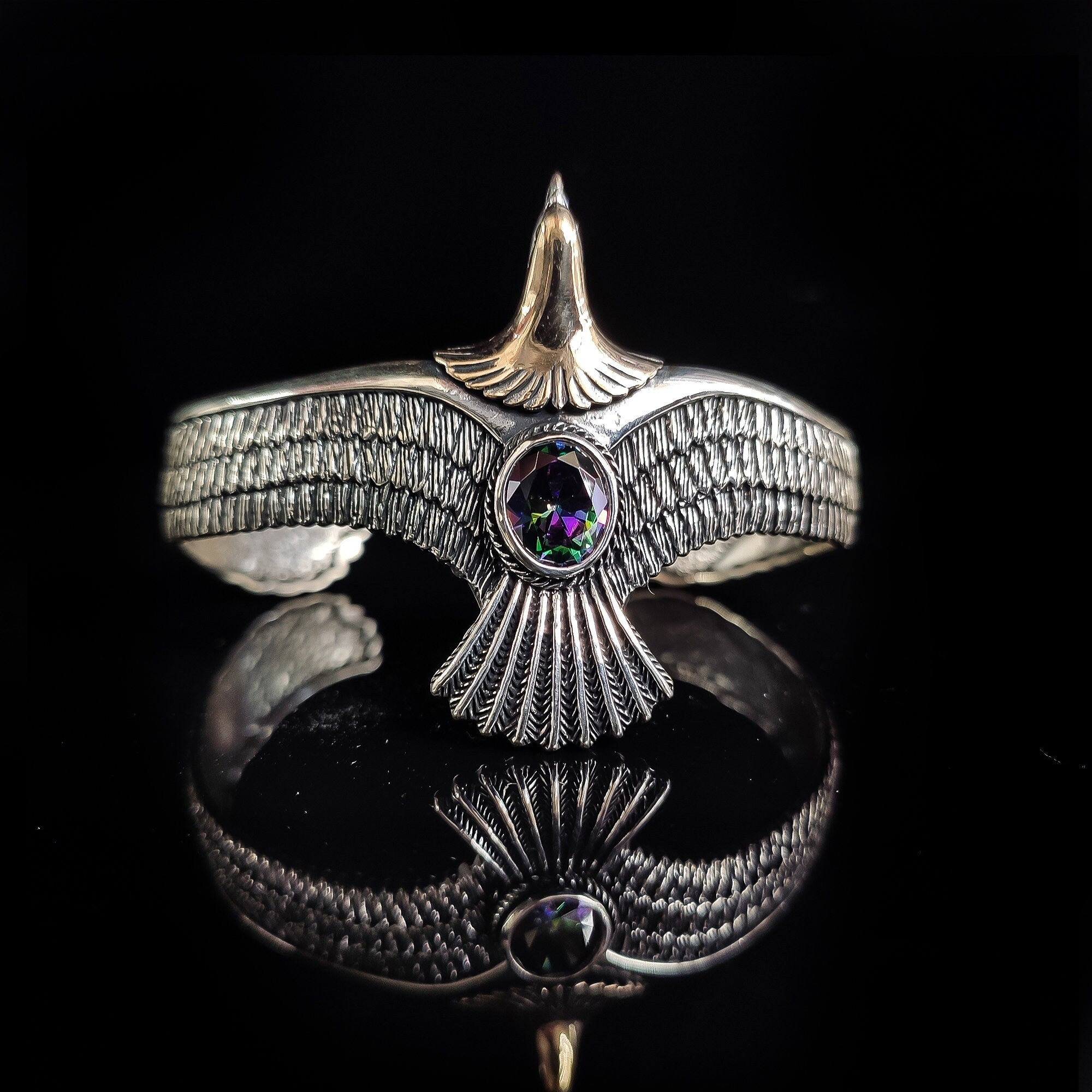 Sterling Silver Eagle Cuff Bracelet, Mystic Topaz Stone (Handmade)