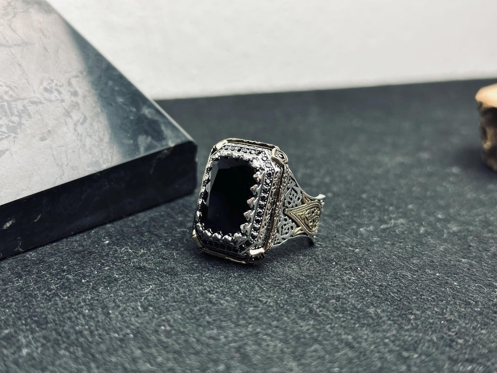 Square Black Zircon Men's Ring - Handmade Sterling Silver Vintage Look