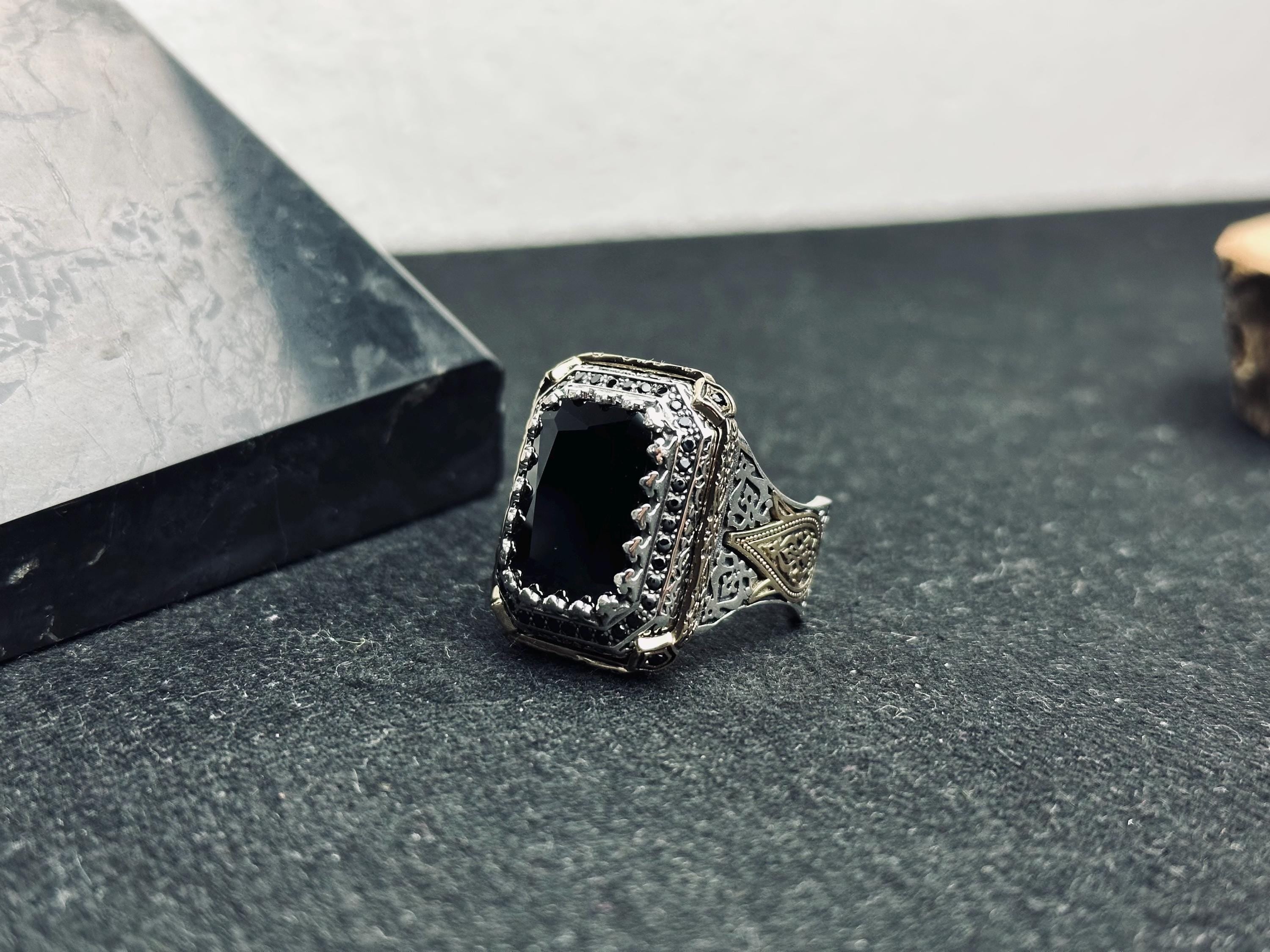 Square Black Zircon Men's Ring - Handmade Sterling Silver Vintage Look