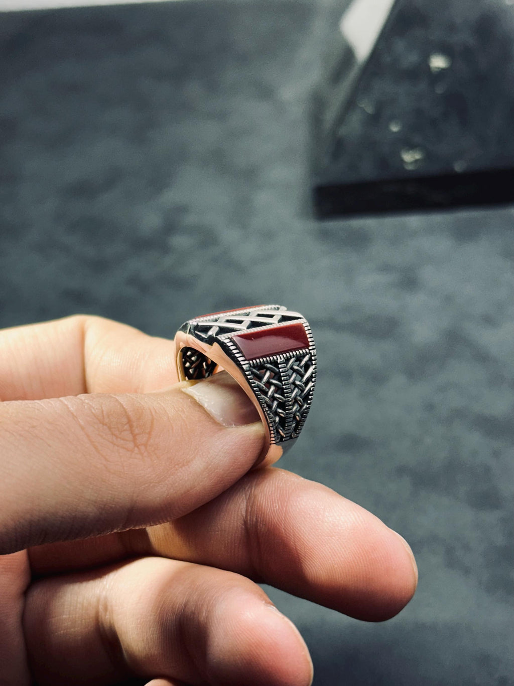 Red Aqeeq Agate Ring - Handmade Sterling Silver for Men