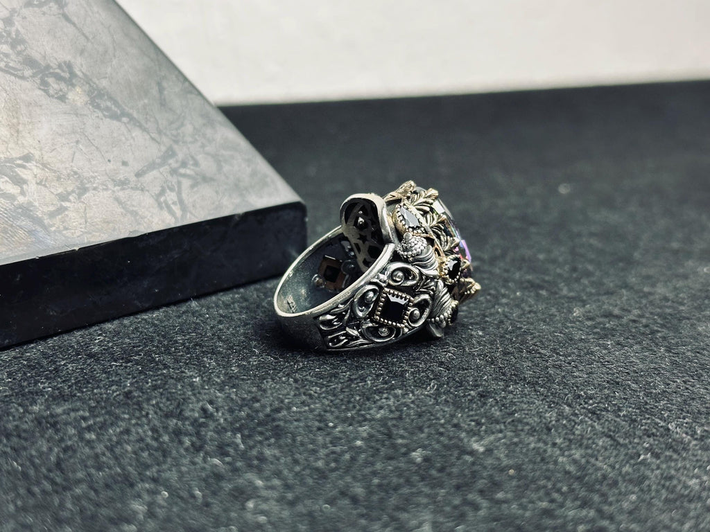 Men's Sterling Silver Ring: Mystic Topaz & Zircon Accents (Handmade)