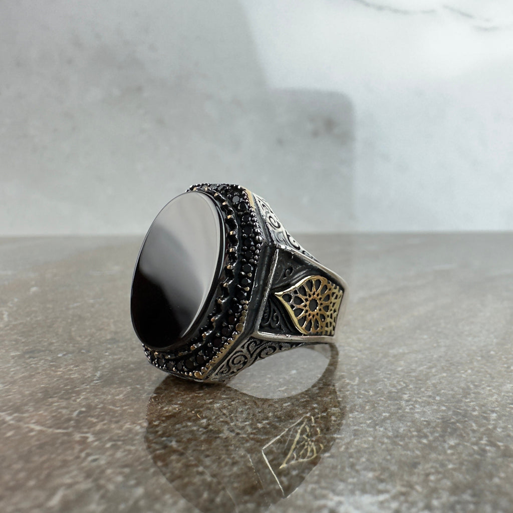 Onyx Gemstone Ring: Sterling Silver Men's Jewelry (Hand Engraved)
