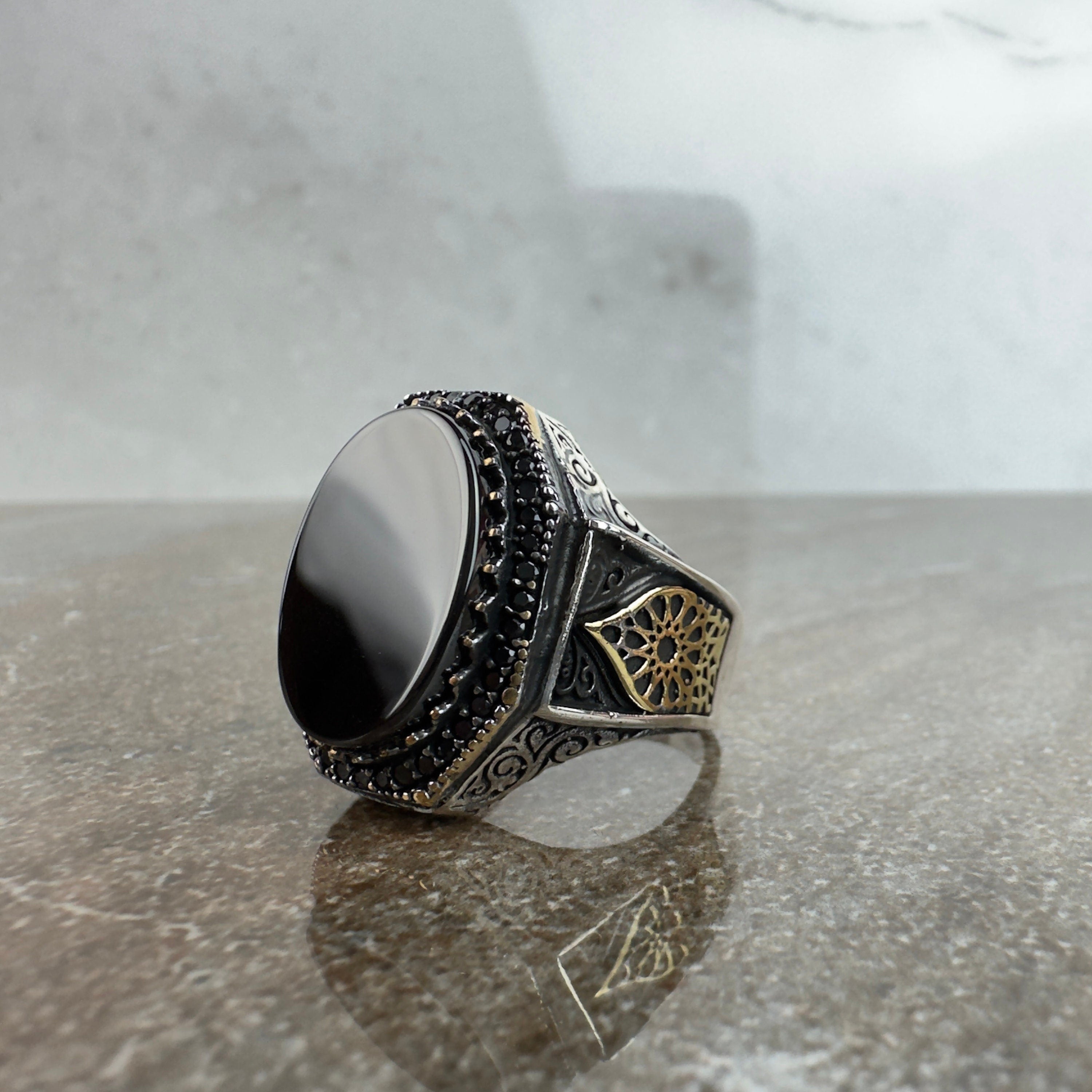 Onyx Gemstone Ring: Sterling Silver Men's Jewelry (Hand Engraved)