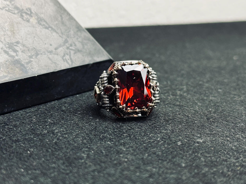 Men's Ruby Signet Ring: Turkish Handmade Sterling Silver