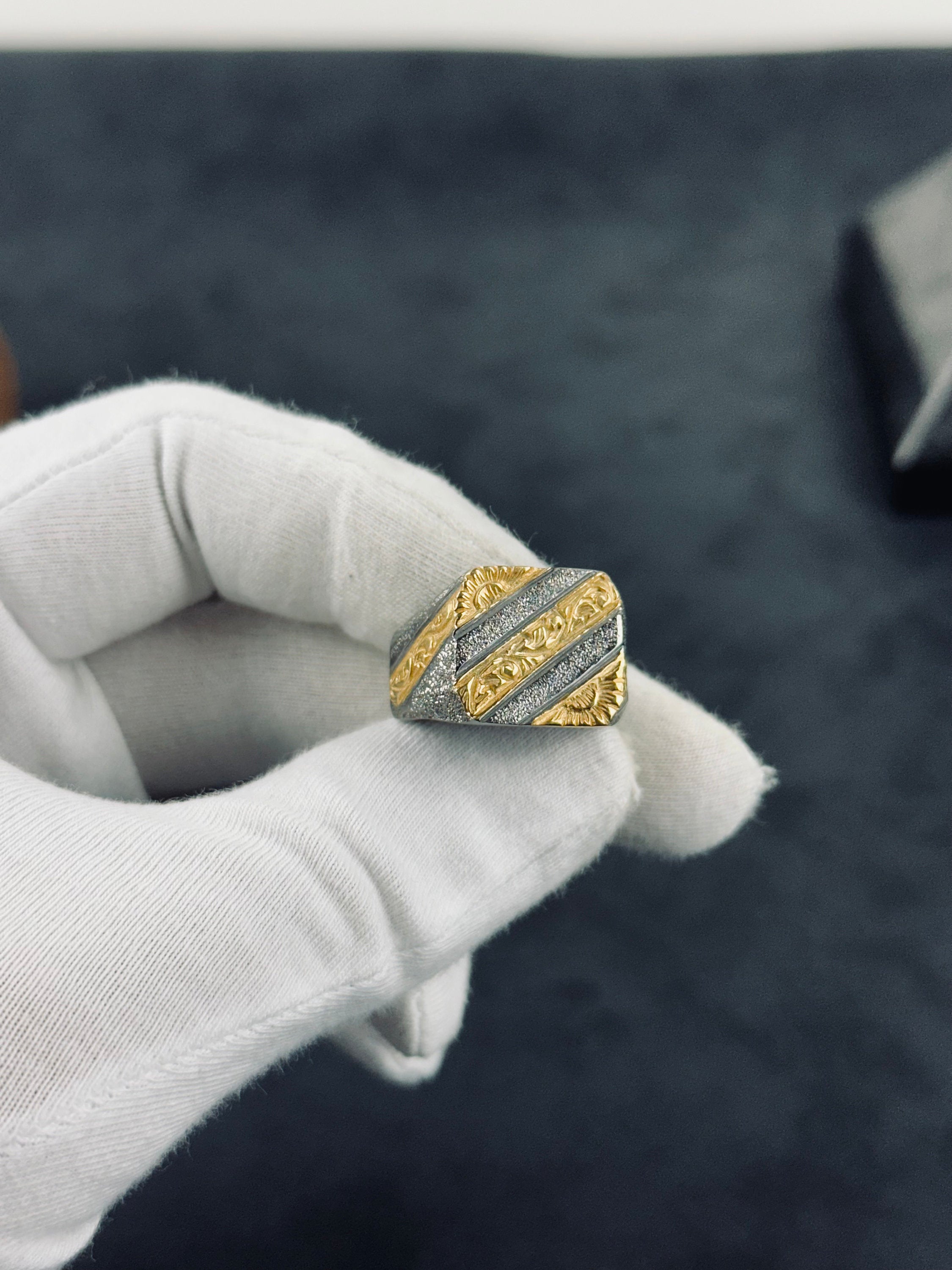 Statement Sterling Silver Ring: Rhodium Engraved Design (Men's Sizes)