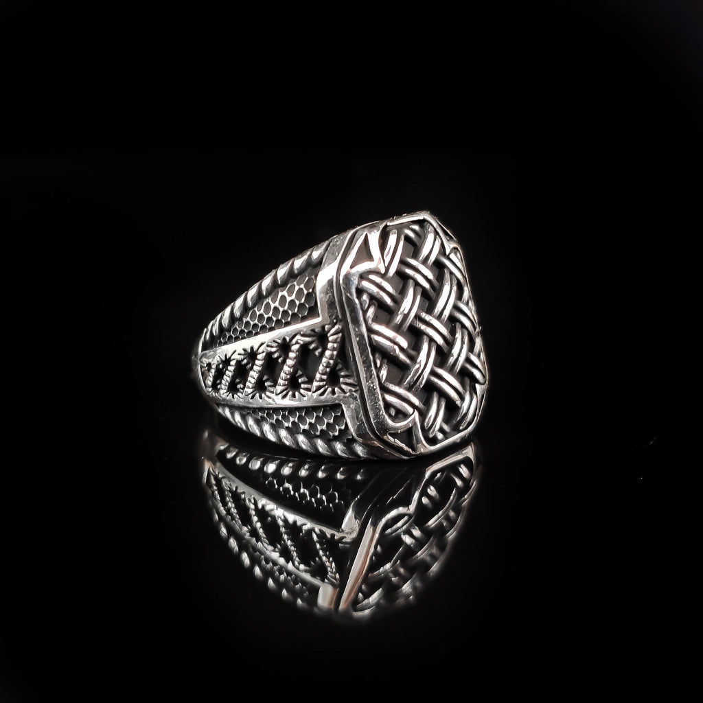 Sterling Silver Ring: Wicker Engraved Design - Handmade Men's Band
