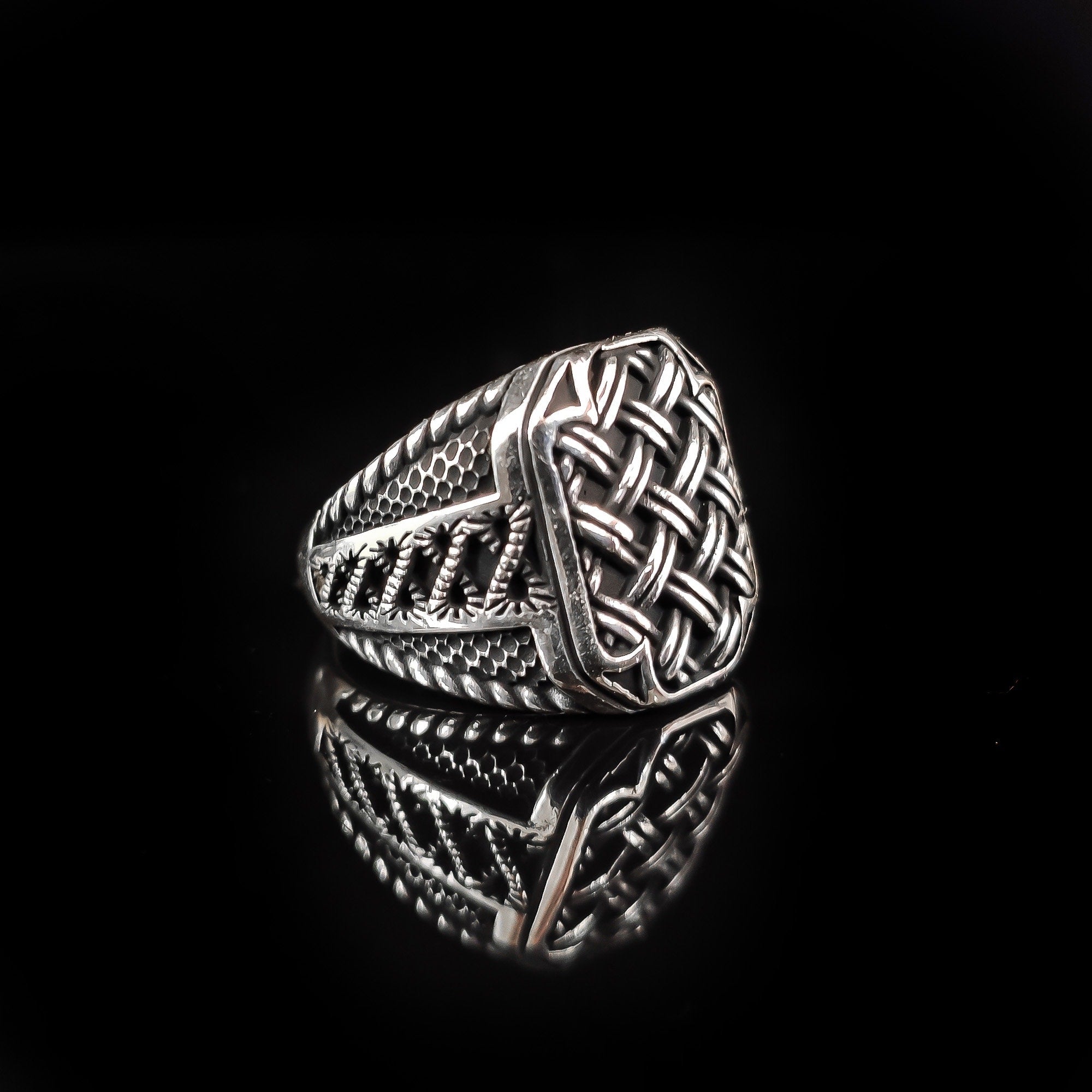Sterling Silver Ring: Wicker Engraved Design - Handmade Men's Band