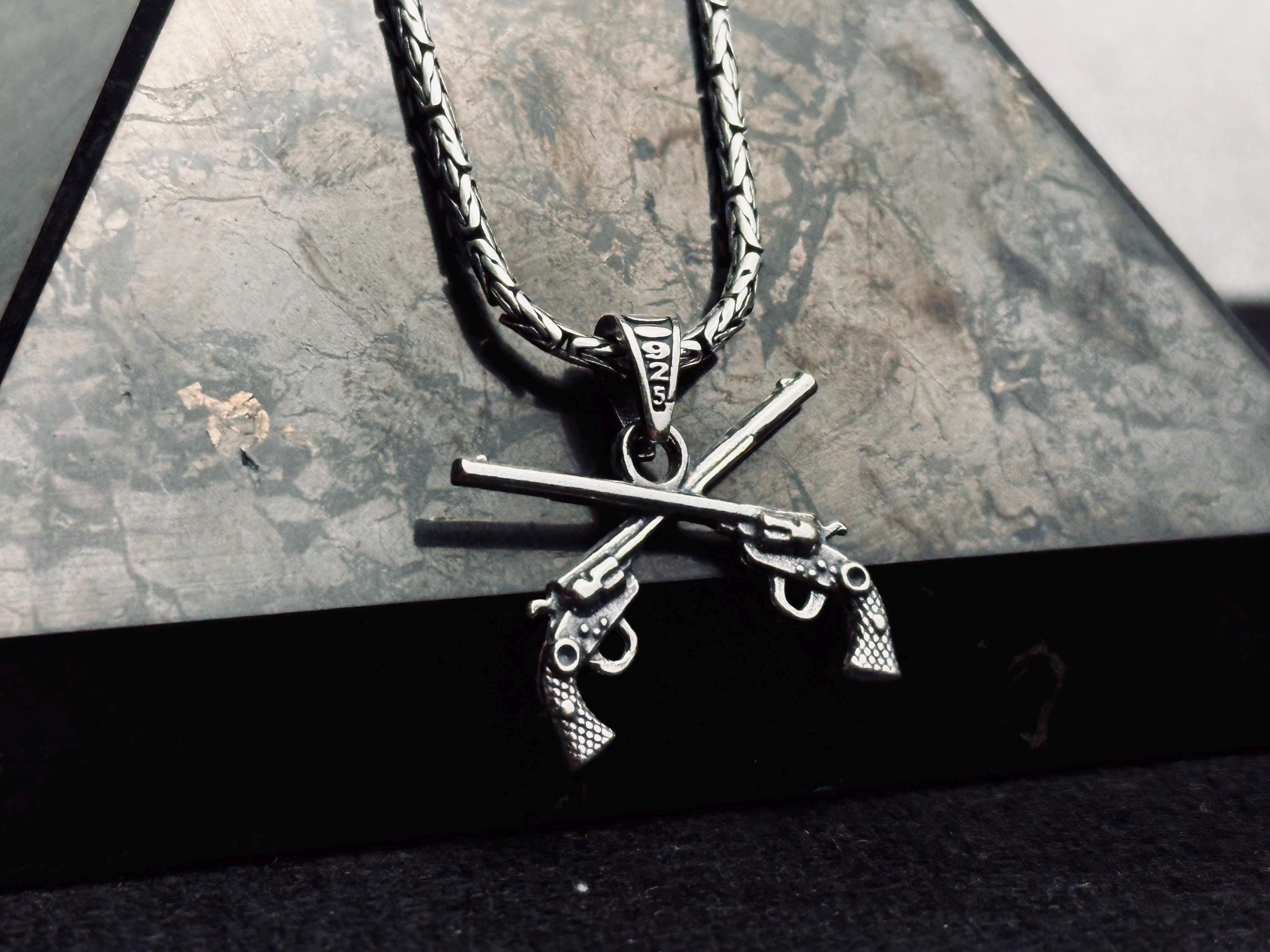 Gun Necklace, Sterling Silver Revolver Pendant, Six Shooter Charm (Adjustable Chain)