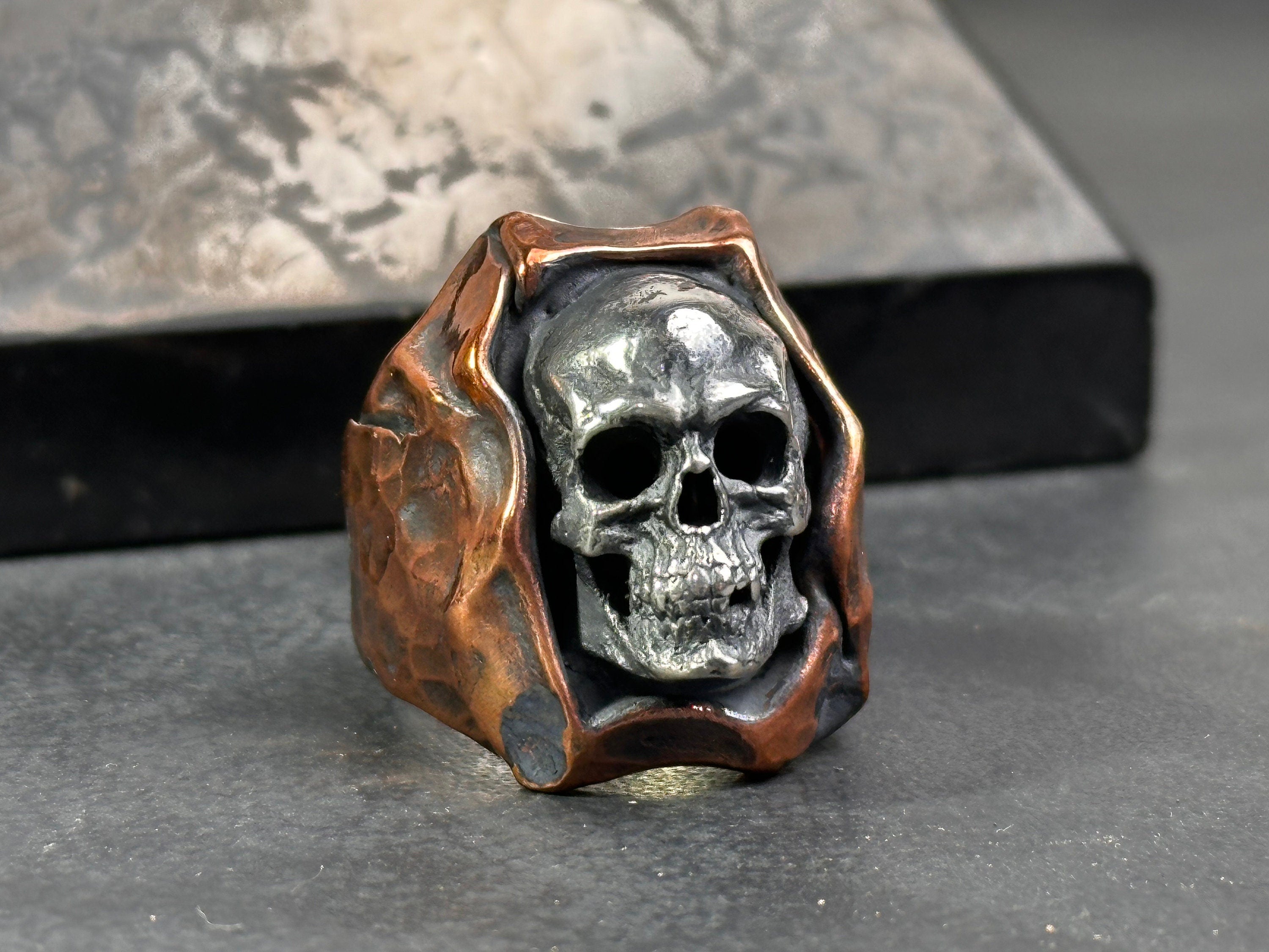 Handmade Skull Ring: Oxidized Sterling Silver (Medieval Biker Style)