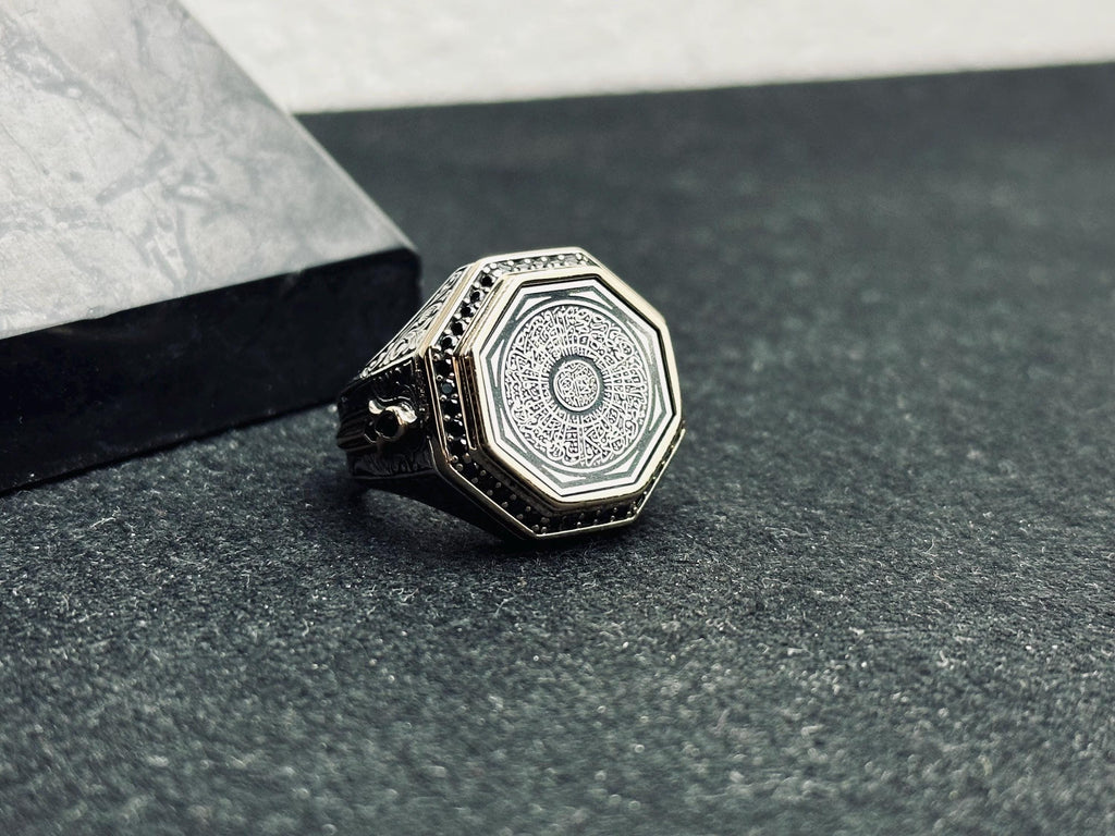 Islamic Sterling Silver Ring, Octagon Dua, Arabic Calligraphy (Unisex)