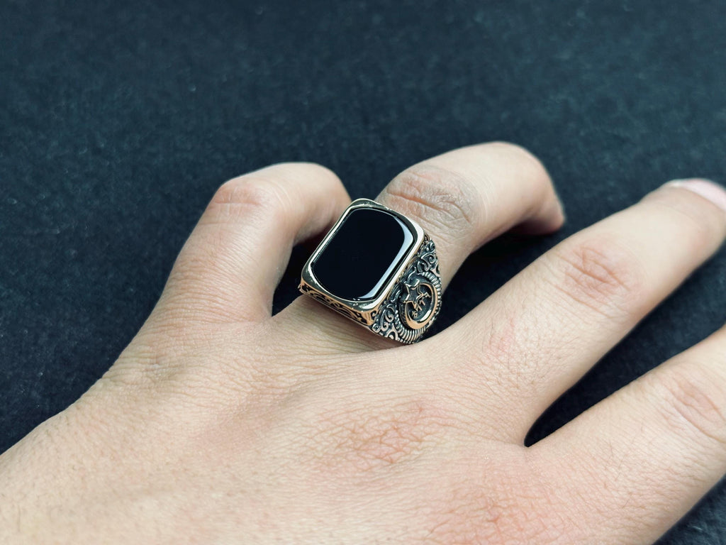 Men's Onyx Ring: Square Ottoman Design - Sterling Silver