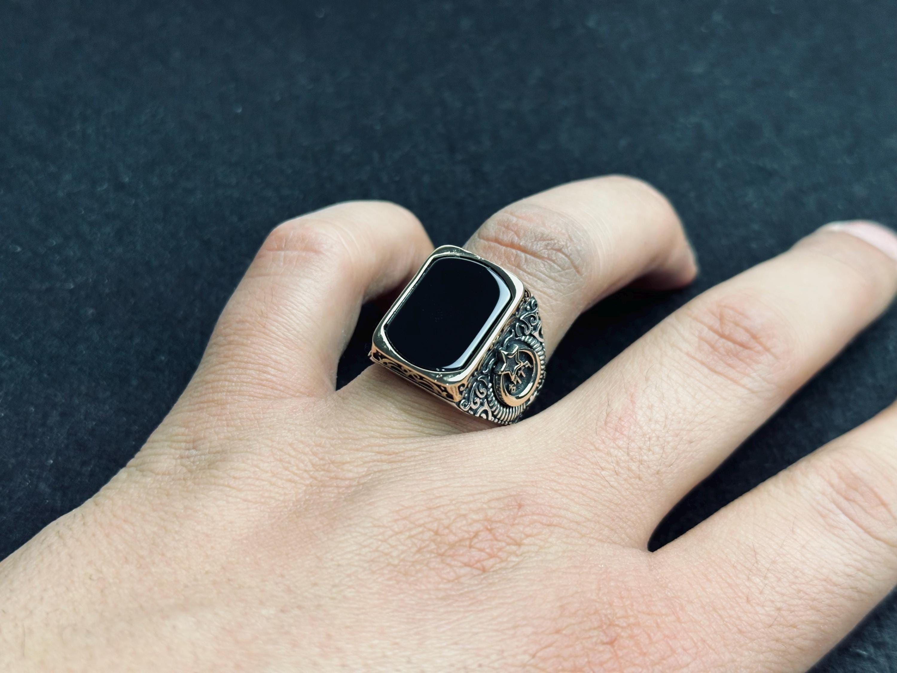 Men's Onyx Ring: Square Ottoman Design - Sterling Silver
