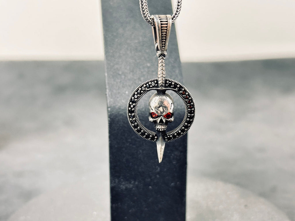 Goth Sterling Silver Skull Necklace, Chunky Chain (Layered Look)