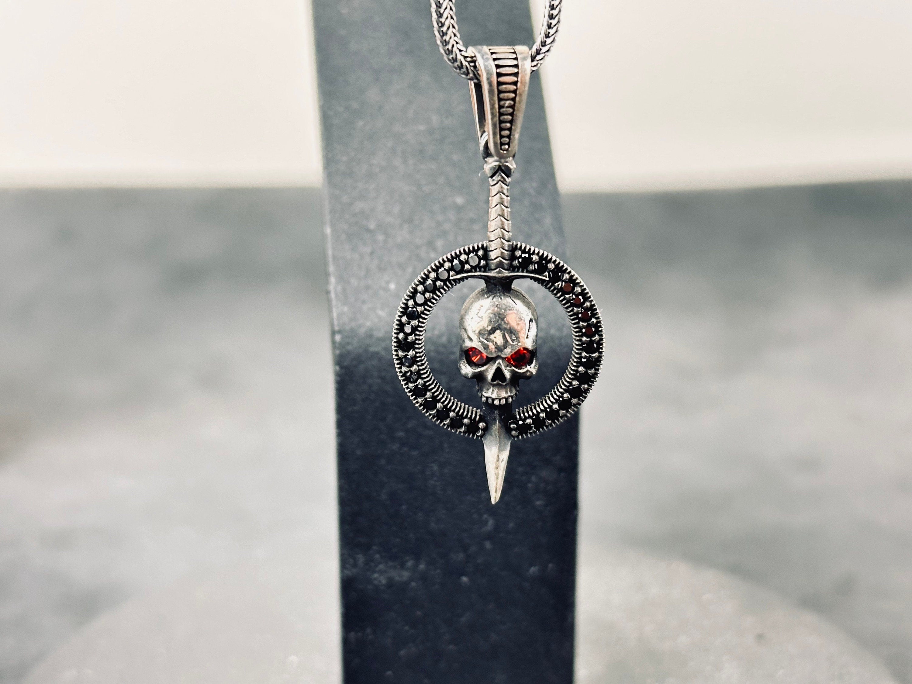 Goth Sterling Silver Skull Necklace, Chunky Chain (Layered Look)